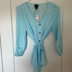 Worthington Sheer Turquoise Blouse with tie belt.